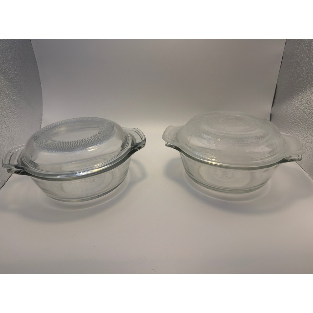 Vintage Fire-King Clear Glass Round Casserole Dishes with Lids Set of 2